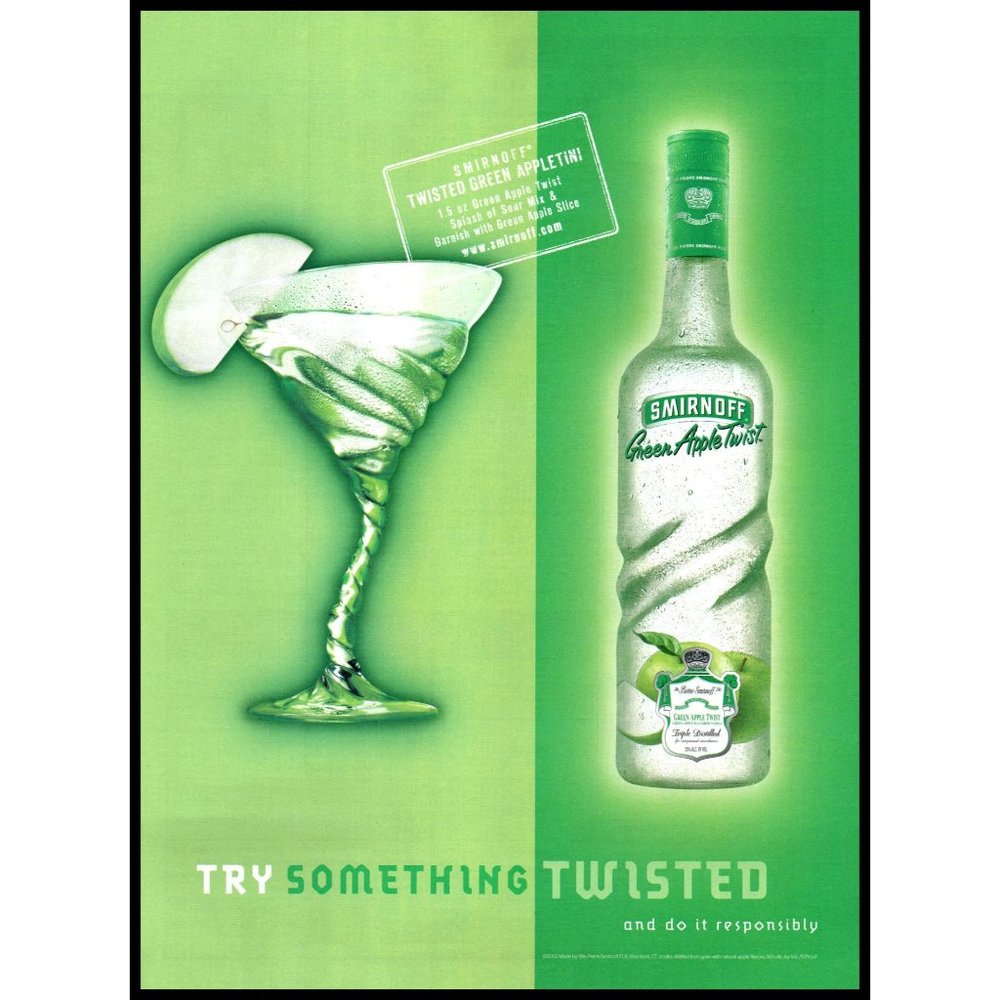 2002 Smirnoff Green Apple Twist Vodka Vintage Print Ad Appletini Cocktail Art
